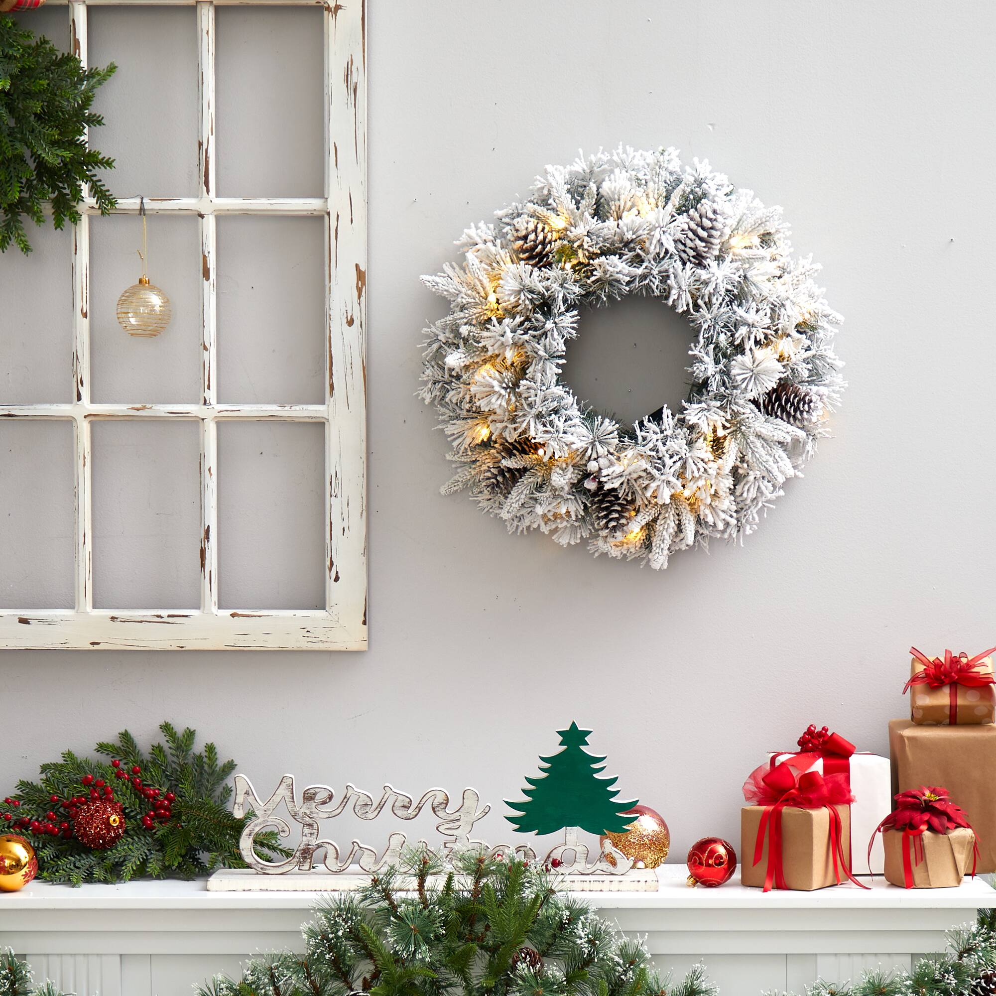 20" White LED Lights Flocked Artificial Christmas Wreath